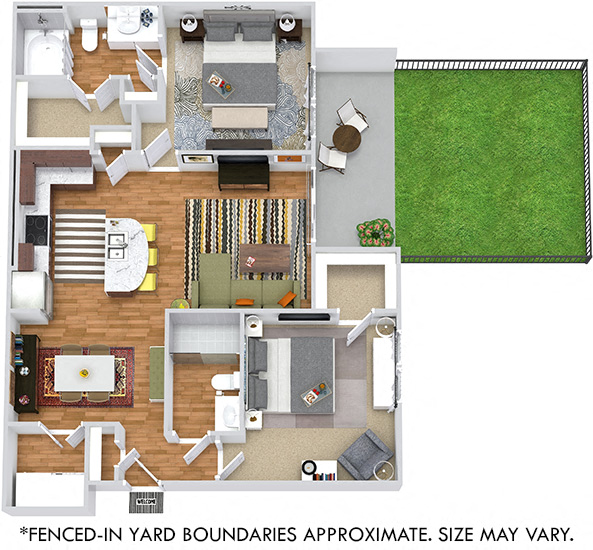 Floor plan for 2 beds, 2 baths, 1035 sqft